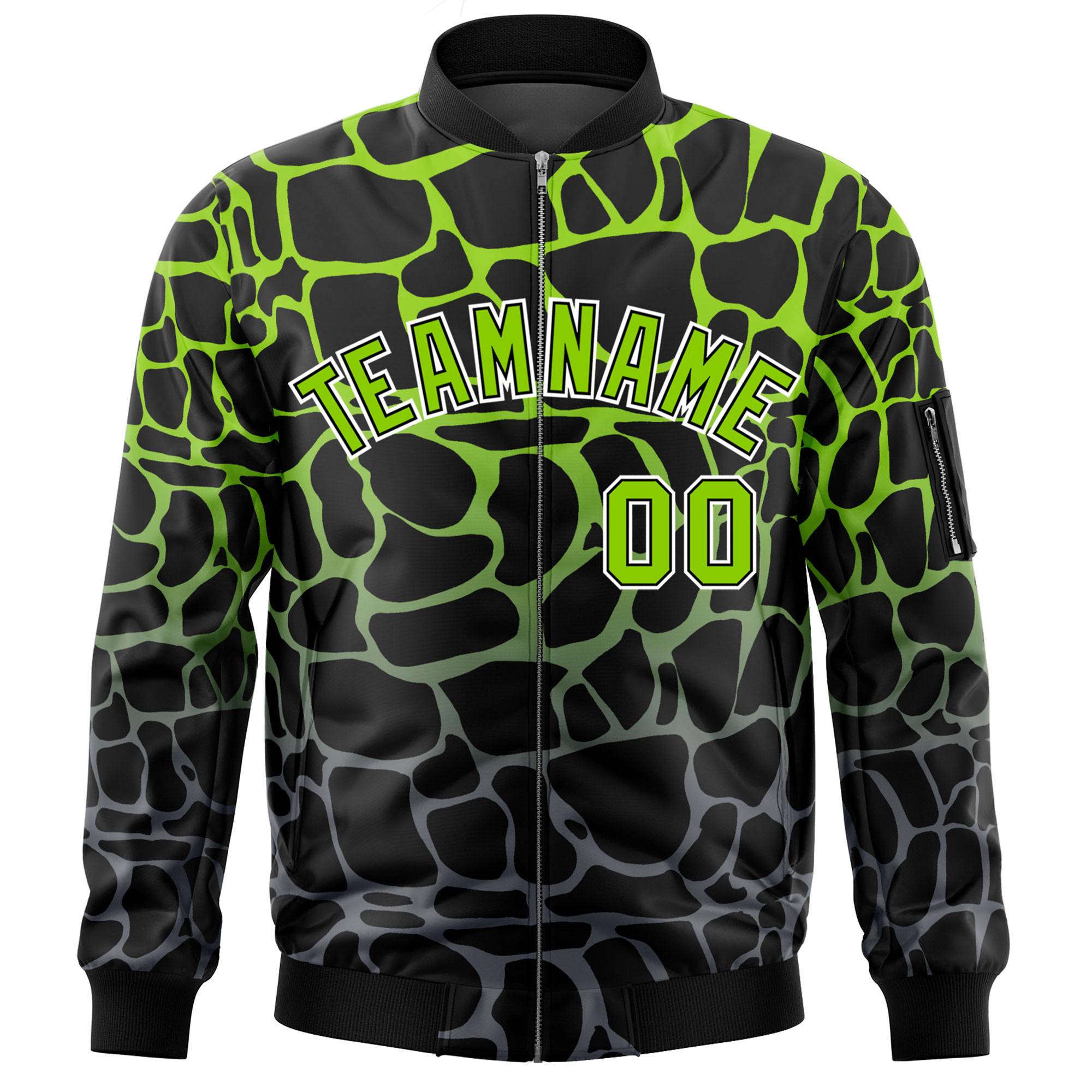 Custom Black Neon Green-Gray Varsity Full-Zip Spotted Letterman Bomber Jacket