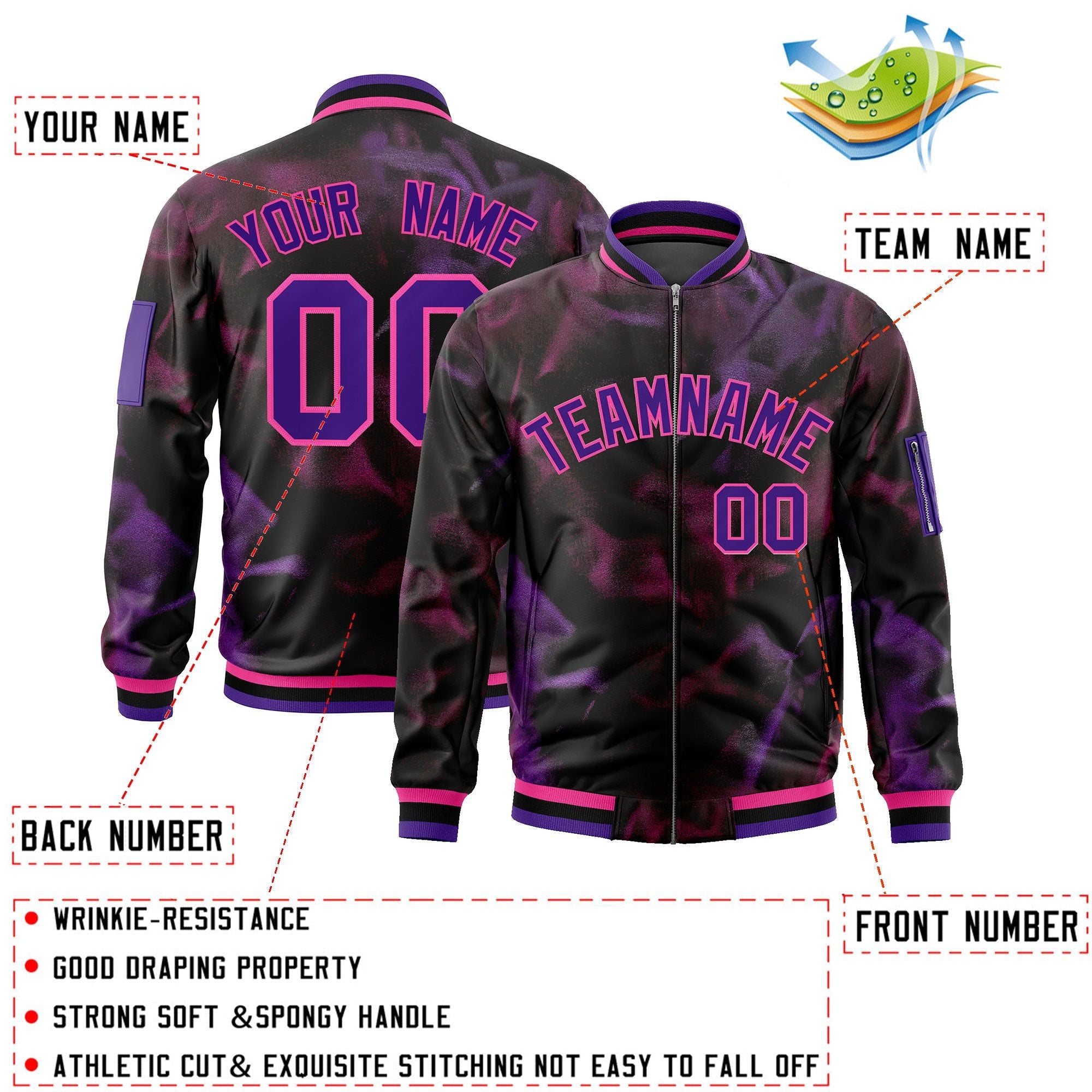 Custom Black Purple-Pink Varsity Full-Zip Blur Spray Letterman Bomber Jacket