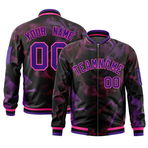 Custom Black Purple-Pink Varsity Full-Zip Blur Spray Letterman Bomber Jacket