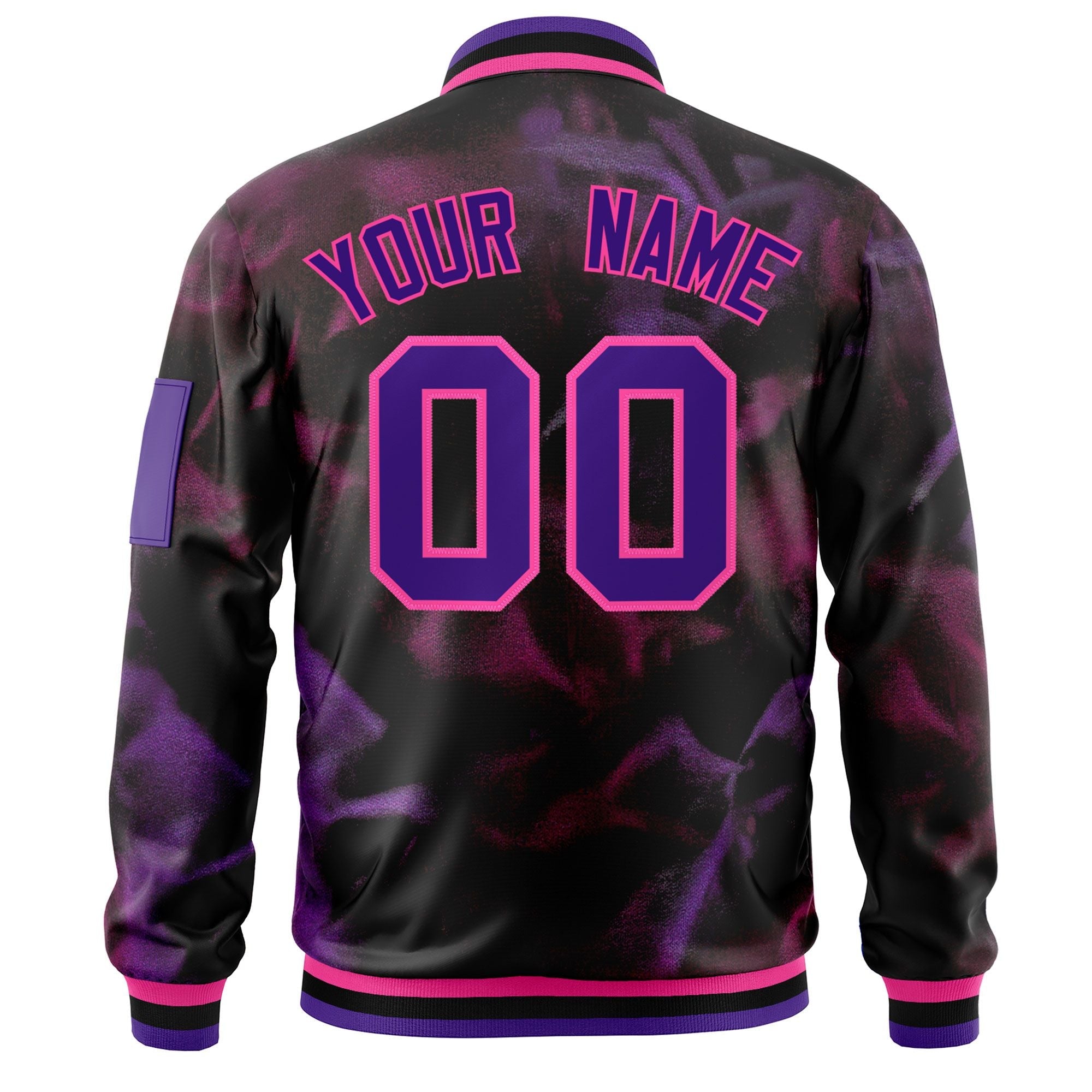 Custom Black Purple-Pink Varsity Full-Zip Blur Spray Letterman Bomber Jacket