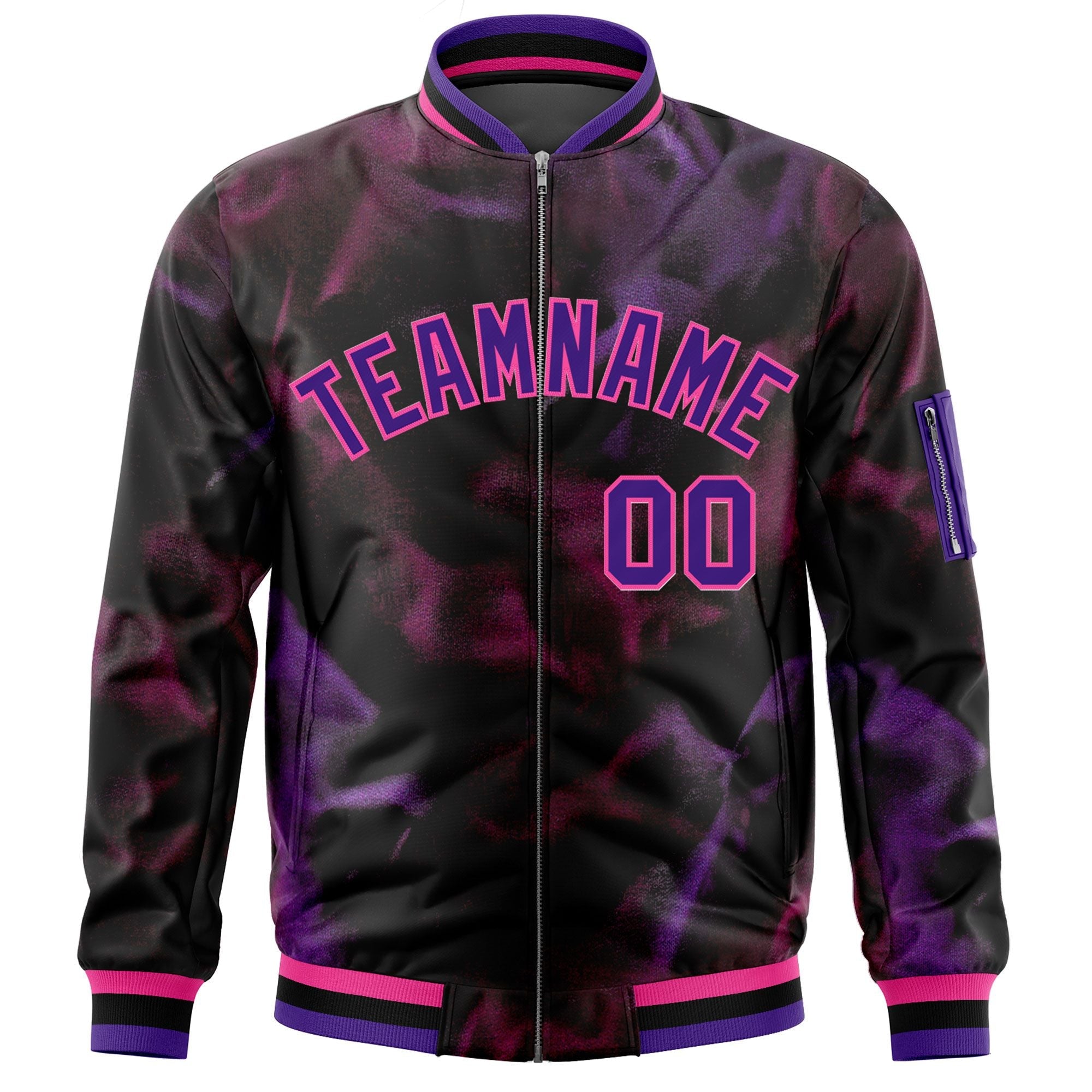 Custom Black Purple-Pink Varsity Full-Zip Blur Spray Letterman Bomber Jacket