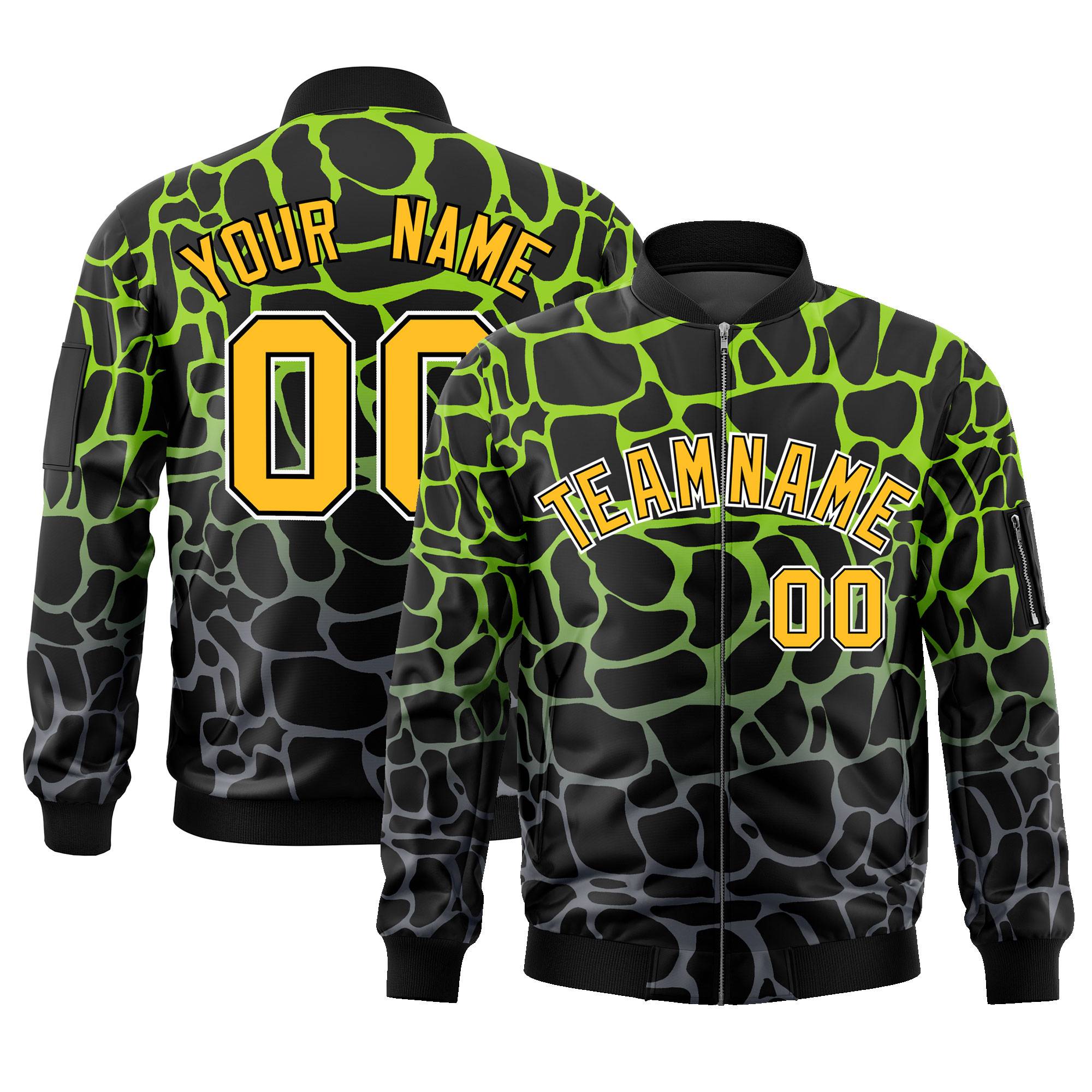 Custom Black Neon Green-Gray Varsity Full-Zip Spotted Letterman Bomber Jacket