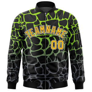 Custom Black Neon Green-Gray Varsity Full-Zip Spotted Letterman Bomber Jacket