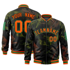 Custom Black Orange-Green Varsity Full-Zip Blur Spray Letterman Bomber Jacket