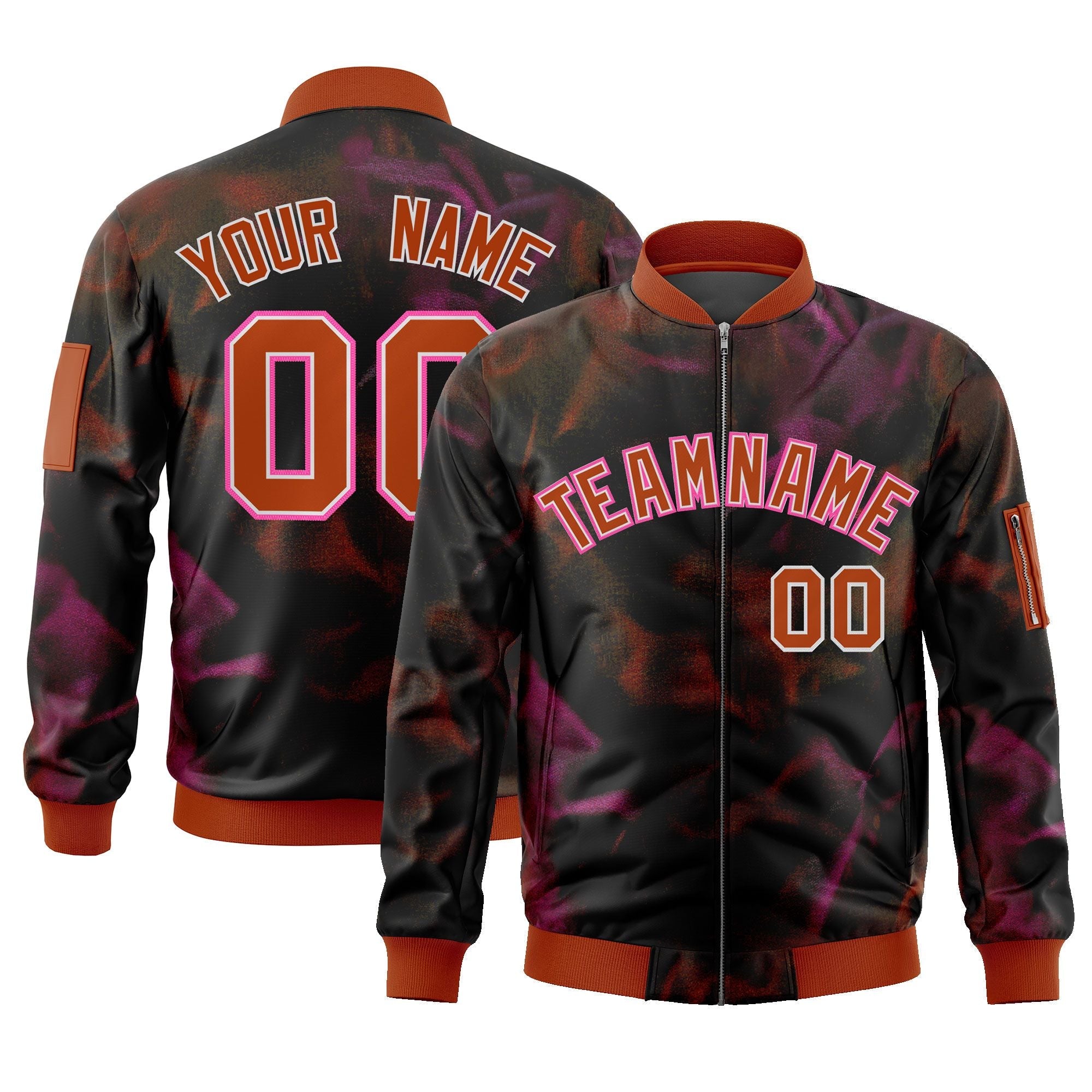 Custom Black Red-Pink Varsity Full-Zip Blur Spray Letterman Bomber Jacket