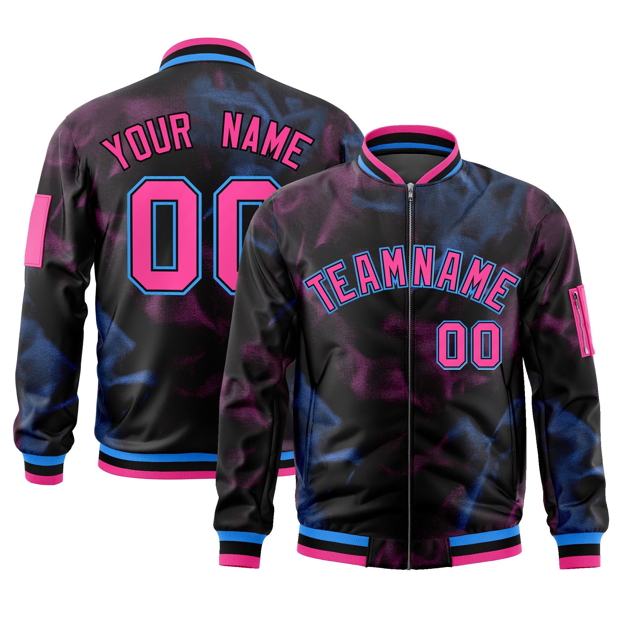 Custom Black Pink-Powder Blue Varsity Full-Zip Blur Spray Letterman Bomber Jacket