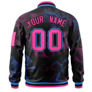 Custom Black Pink-Powder Blue Varsity Full-Zip Blur Spray Letterman Bomber Jacket