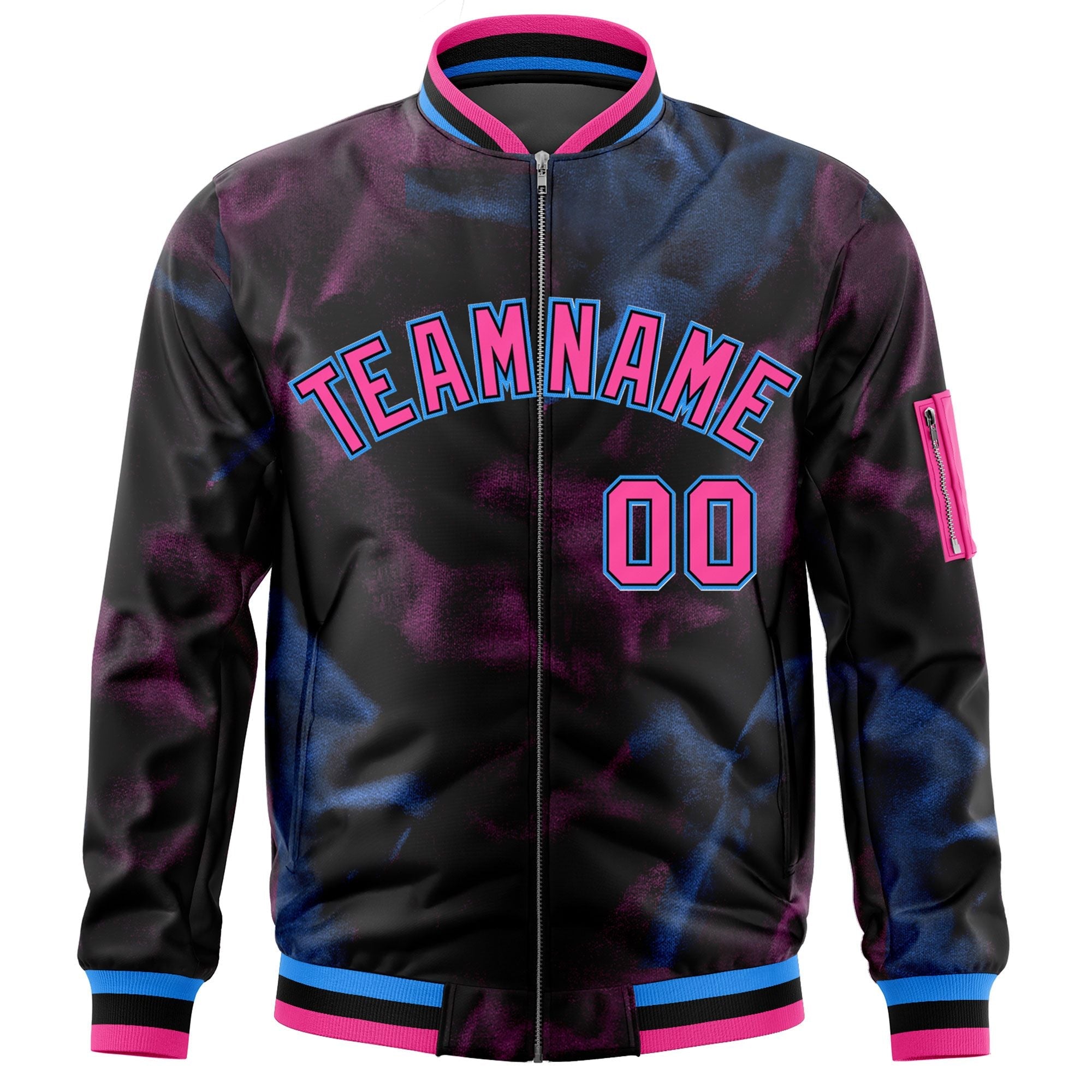 Custom Black Pink-Powder Blue Varsity Full-Zip Blur Spray Letterman Bomber Jacket