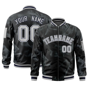 Custom Black Gray-White Varsity Full-Zip Blur Spray Letterman Bomber Jacket