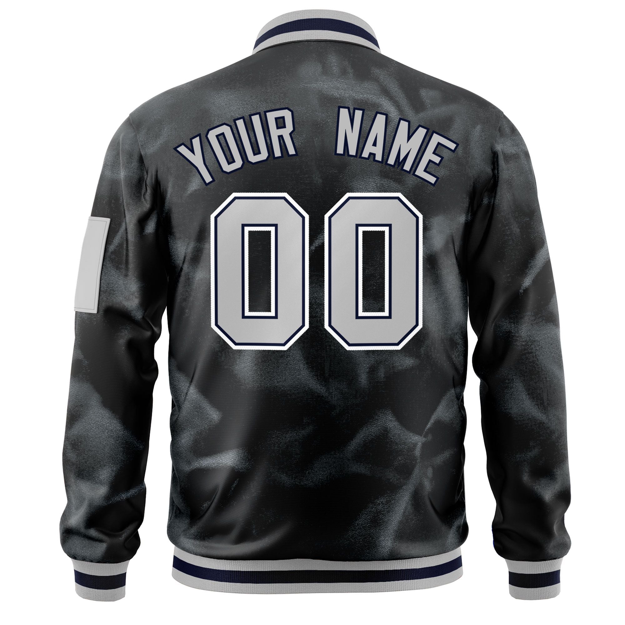 Custom Black Gray-White Varsity Full-Zip Blur Spray Letterman Bomber Jacket