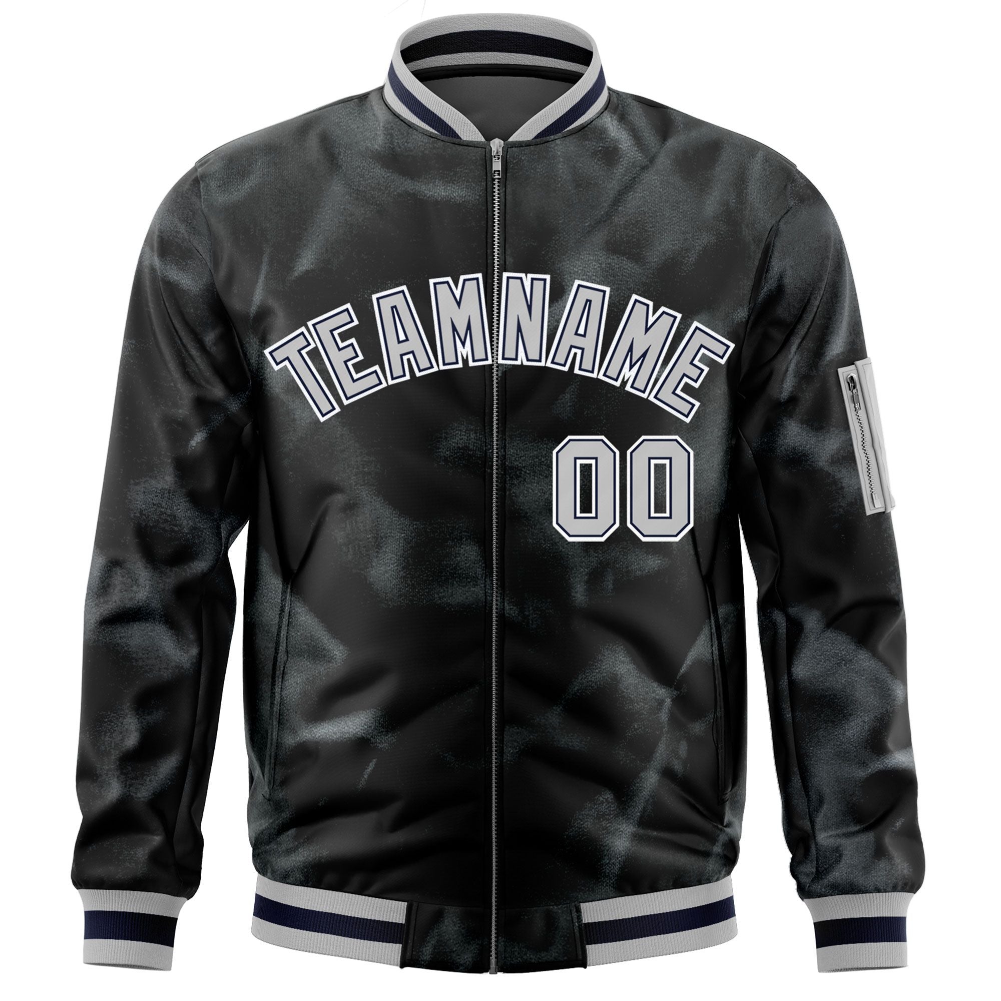 Custom Black Gray-White Varsity Full-Zip Blur Spray Letterman Bomber Jacket