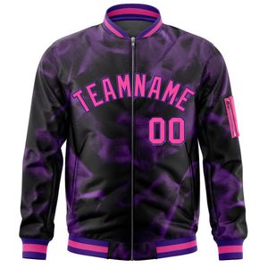 Custom Black Pink-Purple Varsity Full-Zip Blur Spray Letterman Bomber Jacket