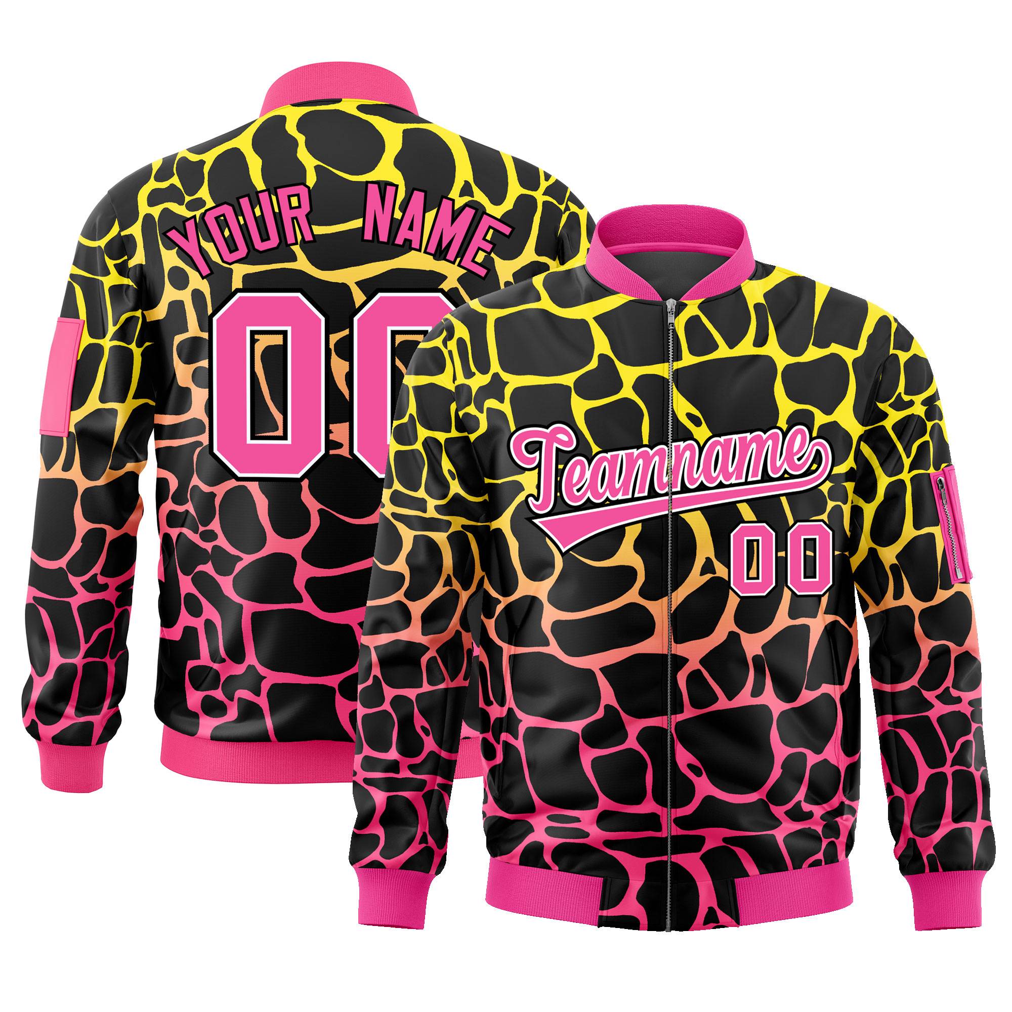 Custom Black Gold-Pink Varsity Full-Zip Spotted Letterman Bomber Jacket