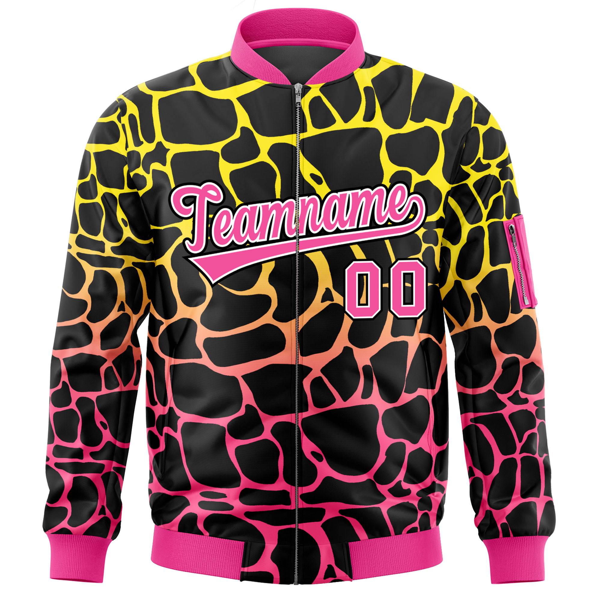 Custom Black Gold-Pink Varsity Full-Zip Spotted Letterman Bomber Jacket