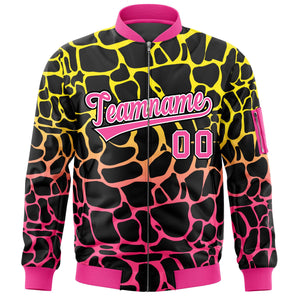 Custom Black Gold-Pink Varsity Full-Zip Spotted Letterman Bomber Jacket