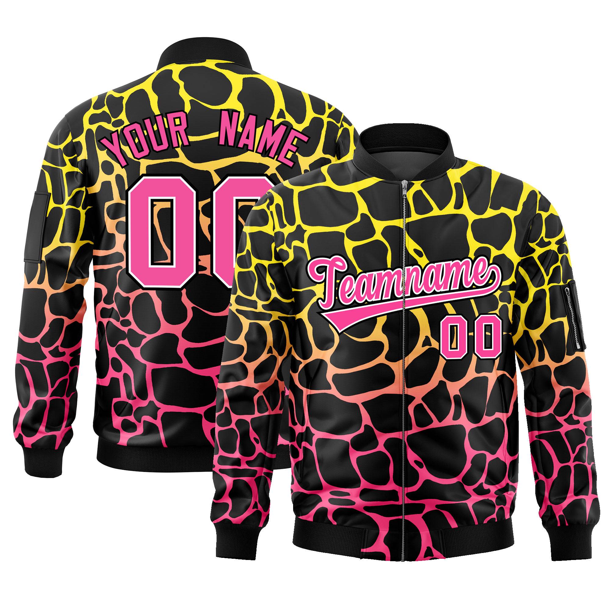 Custom Black Gold-Pink Varsity Full-Zip Spotted Letterman Bomber Jacket