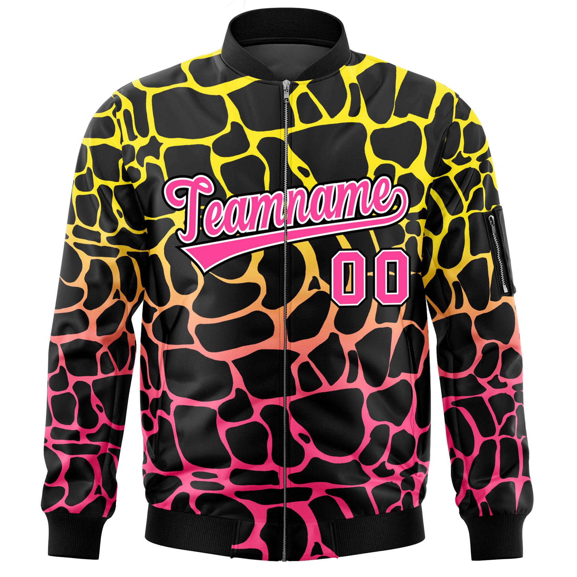 Custom Black Gold-Pink Varsity Full-Zip Spotted Letterman Bomber Jacket