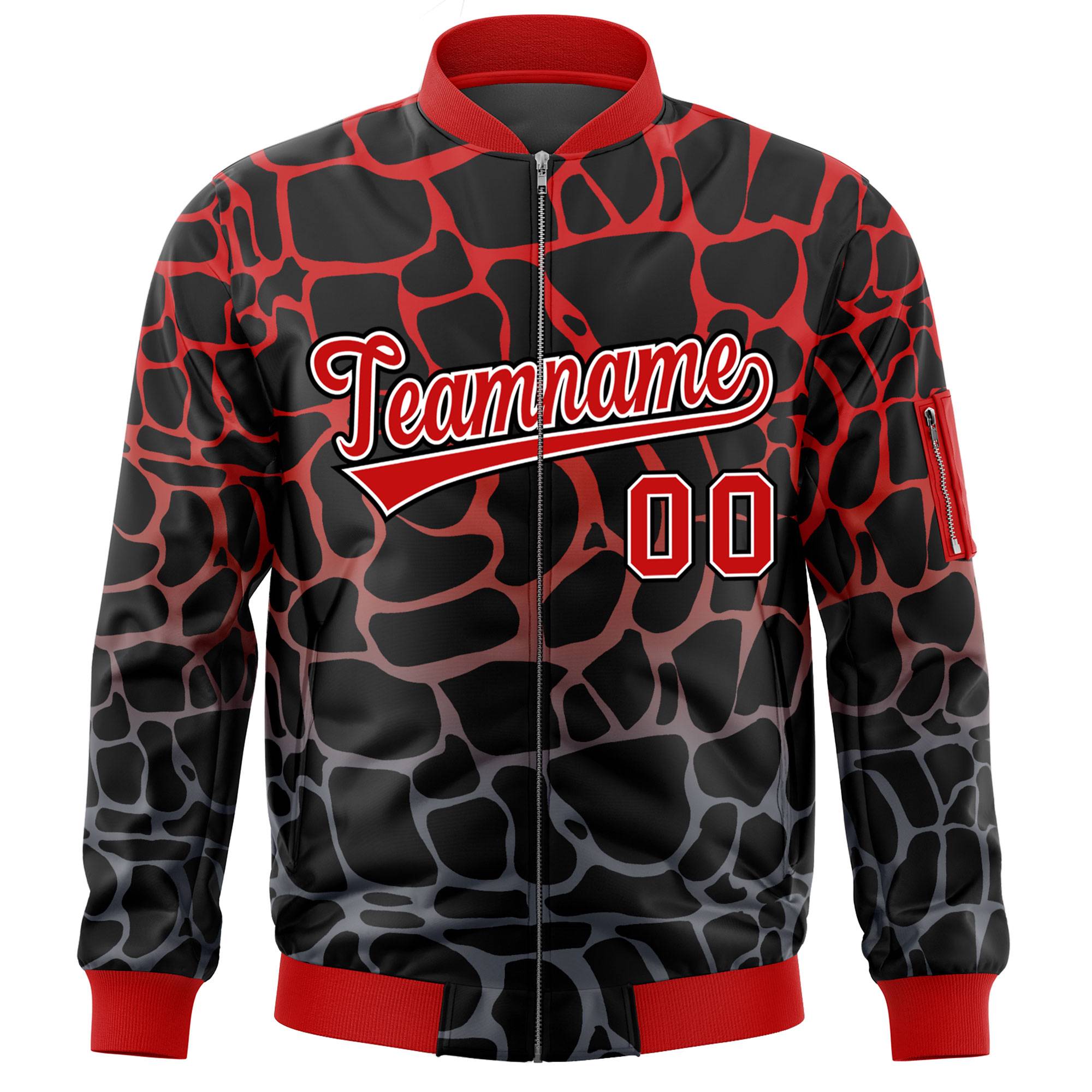 Custom Black Red-Gray Varsity Full-Zip Spotted Letterman Bomber Jacket