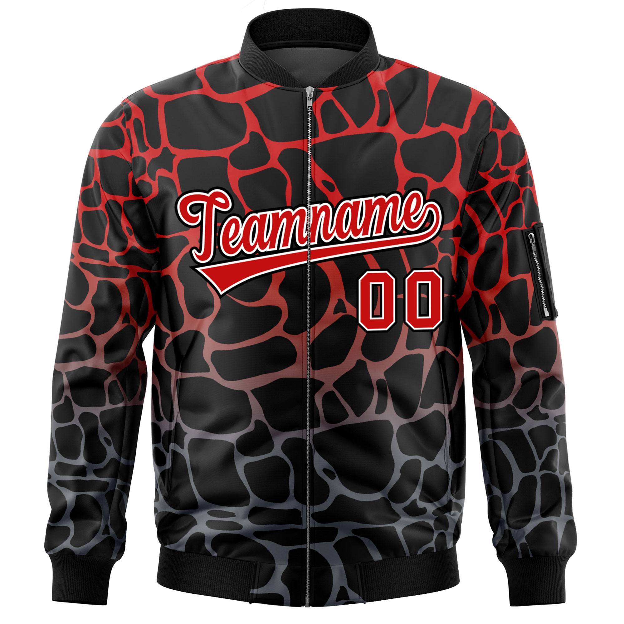 Custom Black Red-Gray Varsity Full-Zip Spotted Letterman Bomber Jacket