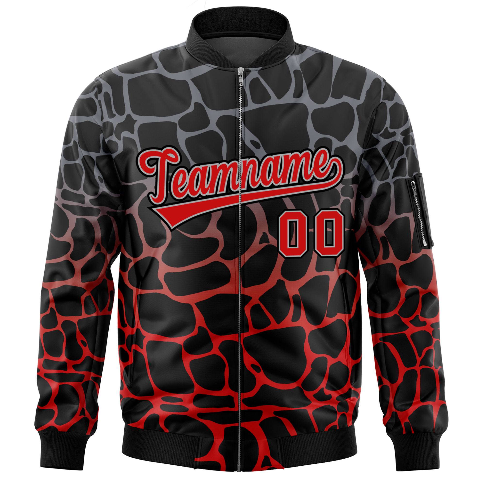 Custom Black Gray-Red Varsity Full-Zip Spotted Letterman Bomber Jacket