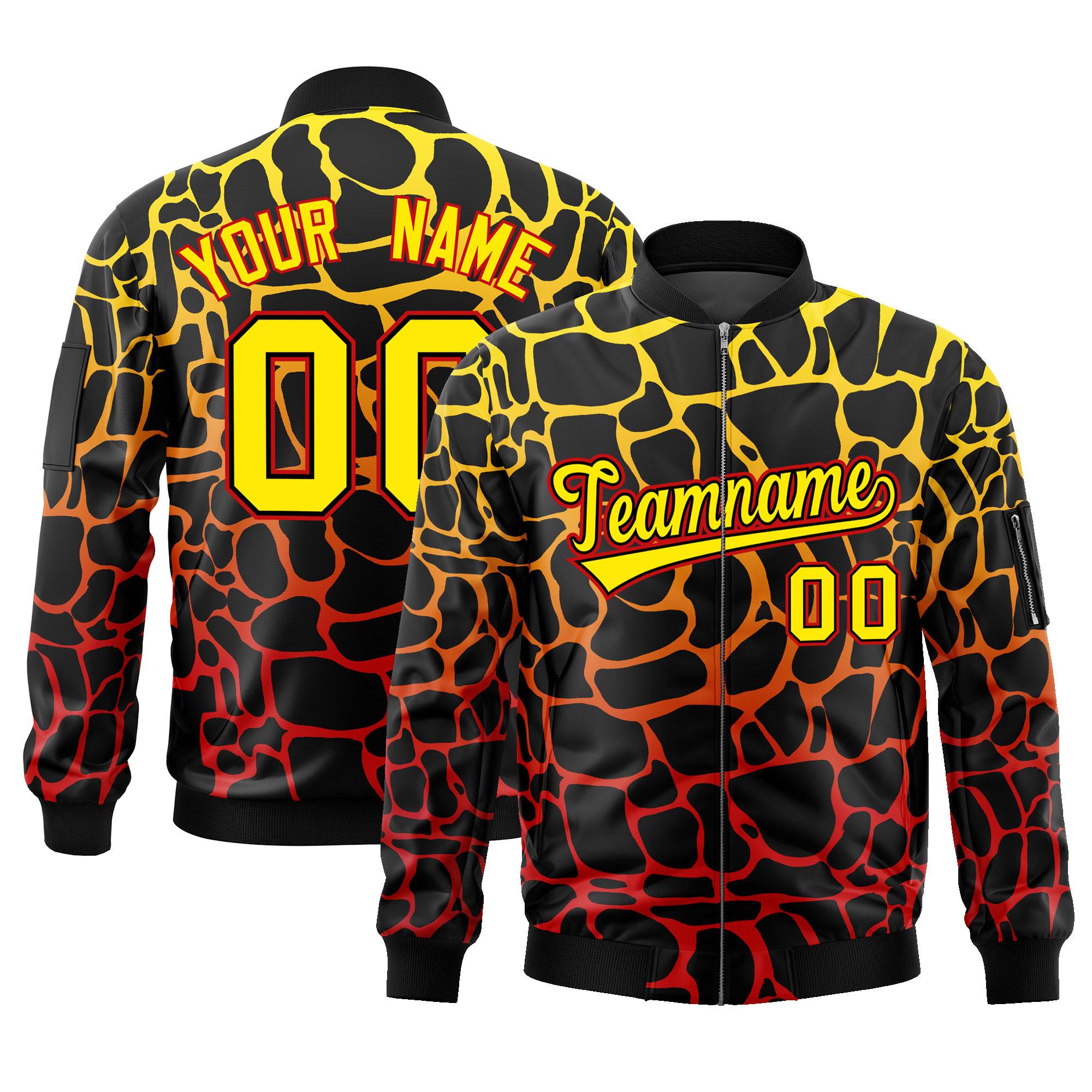 Custom Black Gold-Red Varsity Full-Zip Spotted Letterman Bomber Jacket