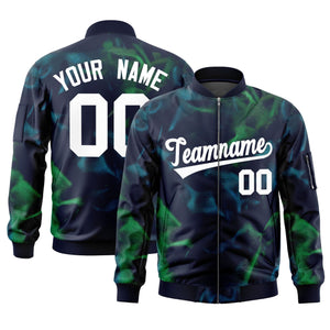 Custom Navy White Varsity Full-Zip Blur Spray Letterman Bomber Jacket