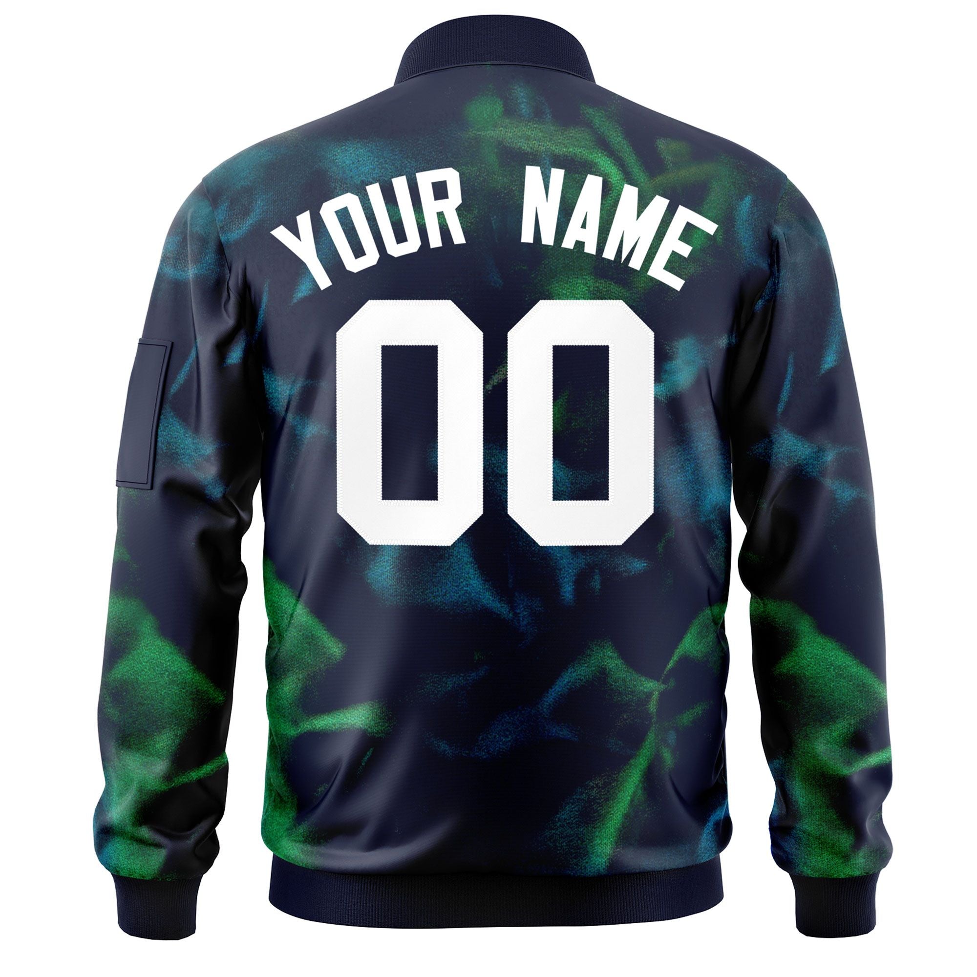 Custom Navy White Varsity Full-Zip Blur Spray Letterman Bomber Jacket