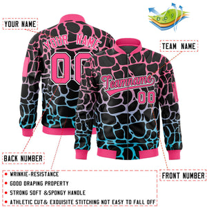 Custom Black Pink-Lt Blue Varsity Full-Zip Spotted Letterman Bomber Jacket