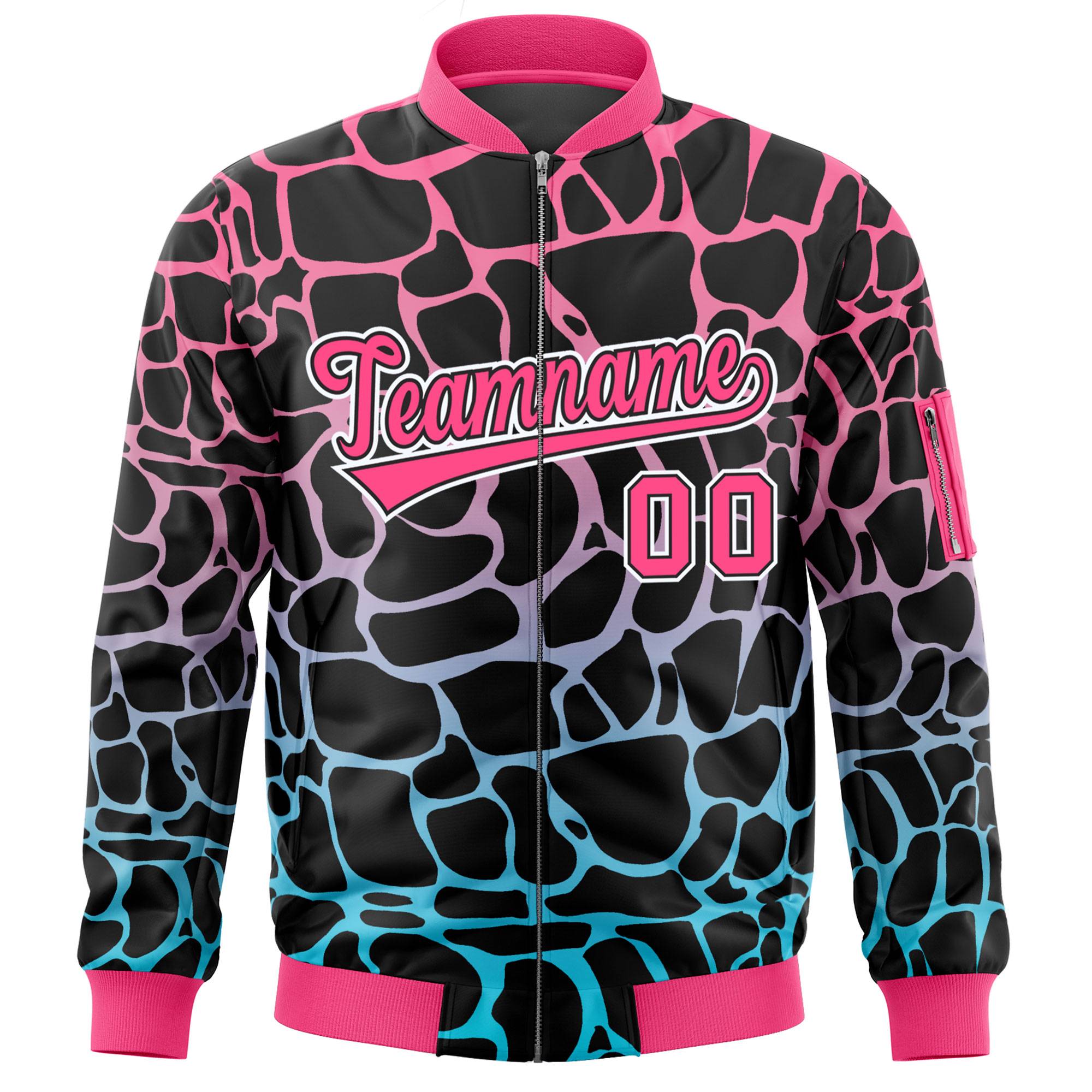 Custom Black Pink-Lt Blue Varsity Full-Zip Spotted Letterman Bomber Jacket