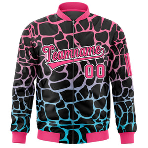 Custom Black Pink-Lt Blue Varsity Full-Zip Spotted Letterman Bomber Jacket