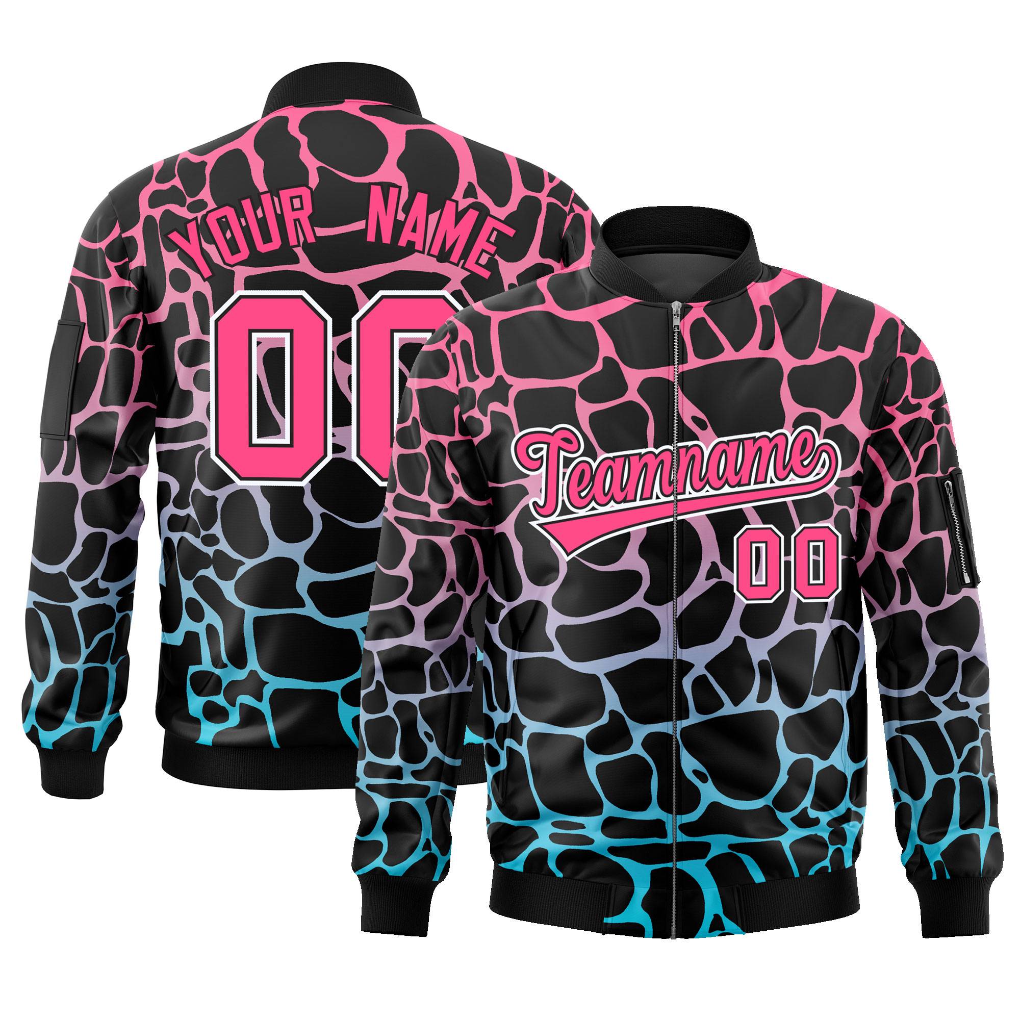 Custom Black Pink-Lt Blue Varsity Full-Zip Spotted Letterman Bomber Jacket