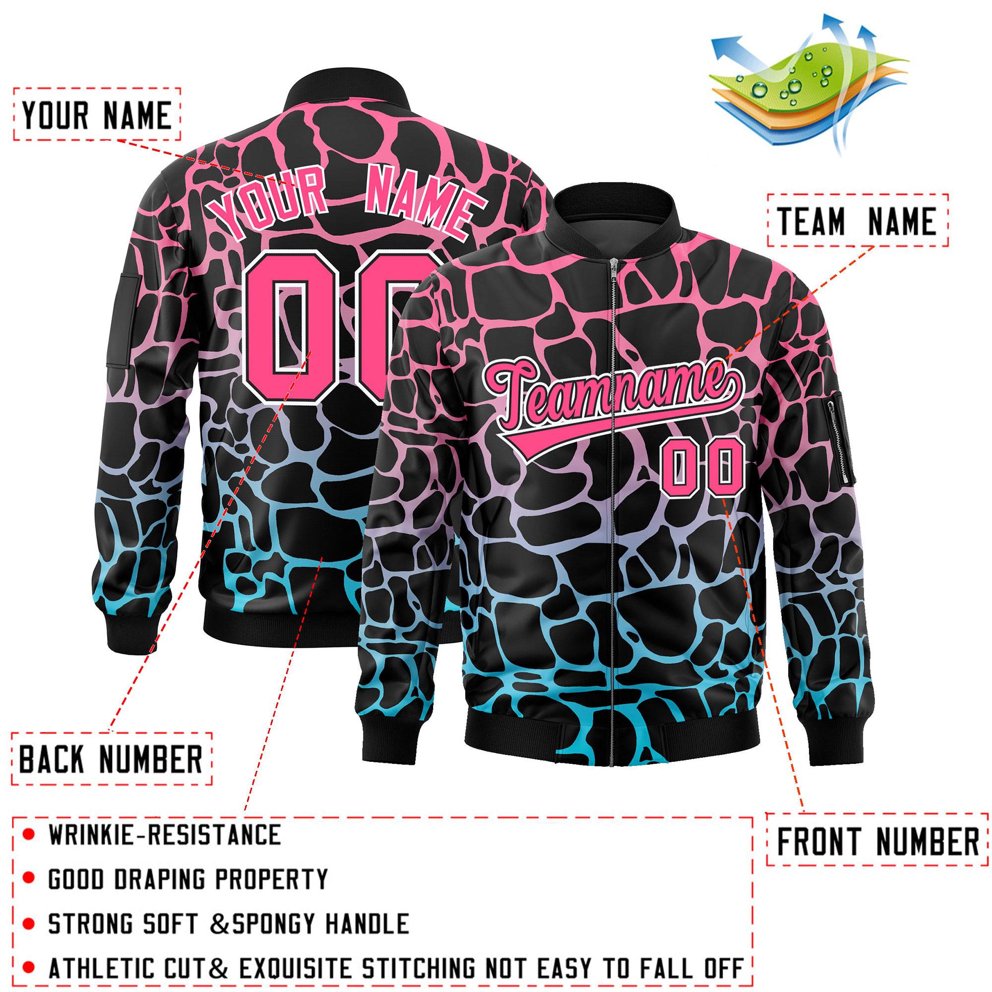 Custom Black Pink-Lt Blue Varsity Full-Zip Spotted Letterman Bomber Jacket