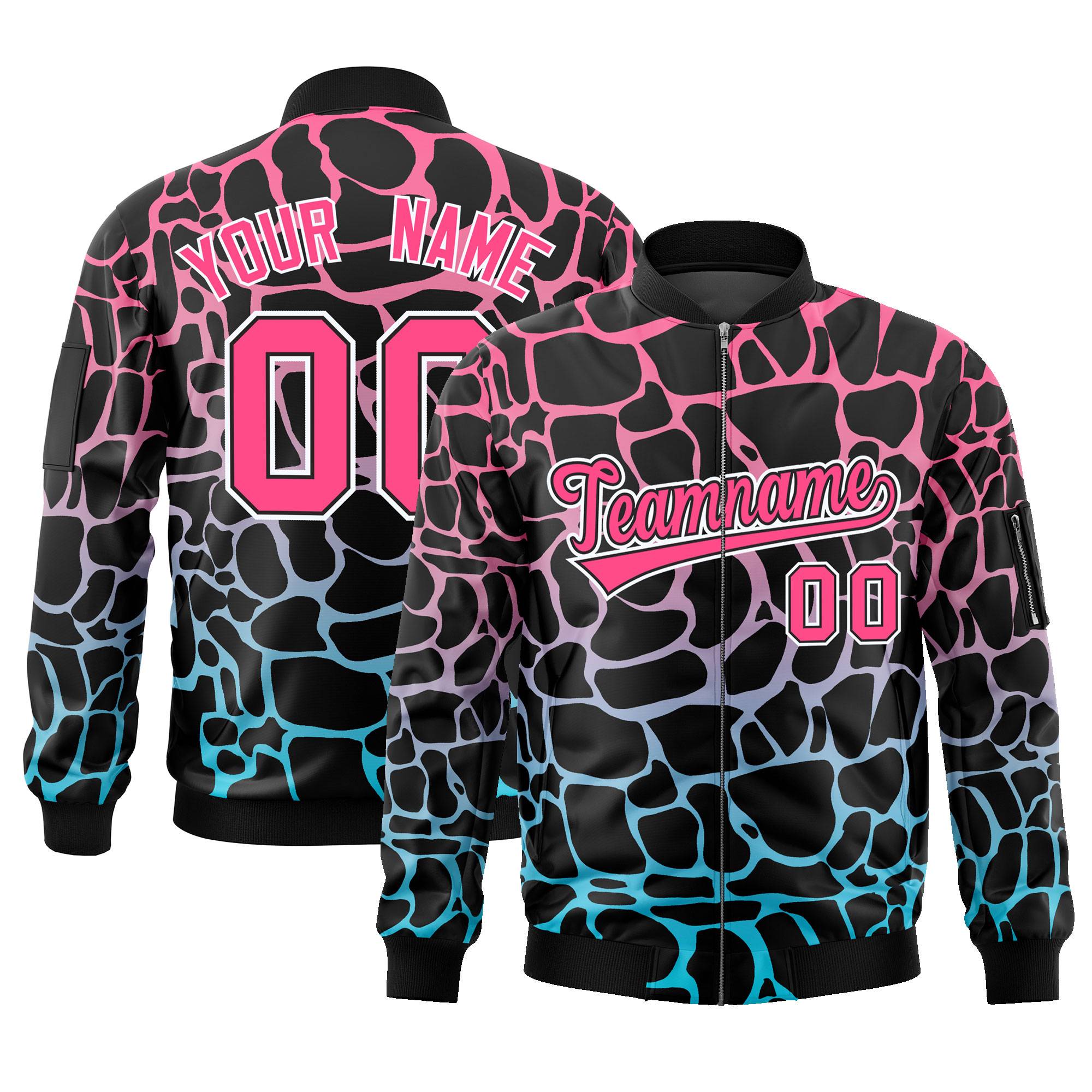 Custom Black Pink-Lt Blue Varsity Full-Zip Spotted Letterman Bomber Jacket