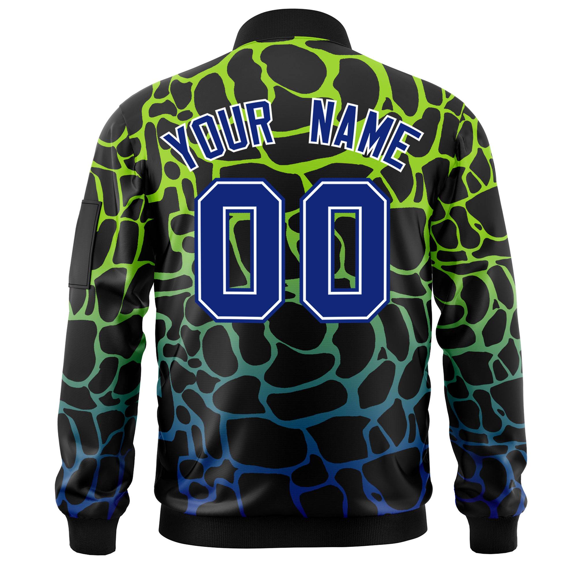 Custom Black Neon Green-Lt Blue Varsity Full-Zip Spotted Letterman Bomber Jacket