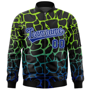 Custom Black Neon Green-Lt Blue Varsity Full-Zip Spotted Letterman Bomber Jacket