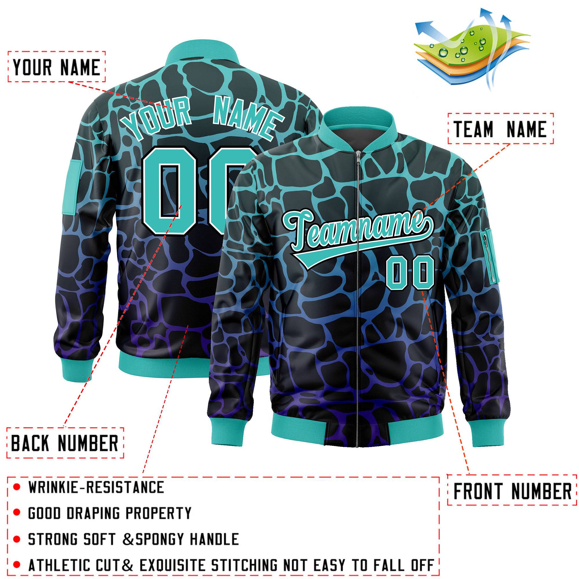 Custom Black Aqua-Royal Varsity Full-Zip Spotted Letterman Bomber Jacket