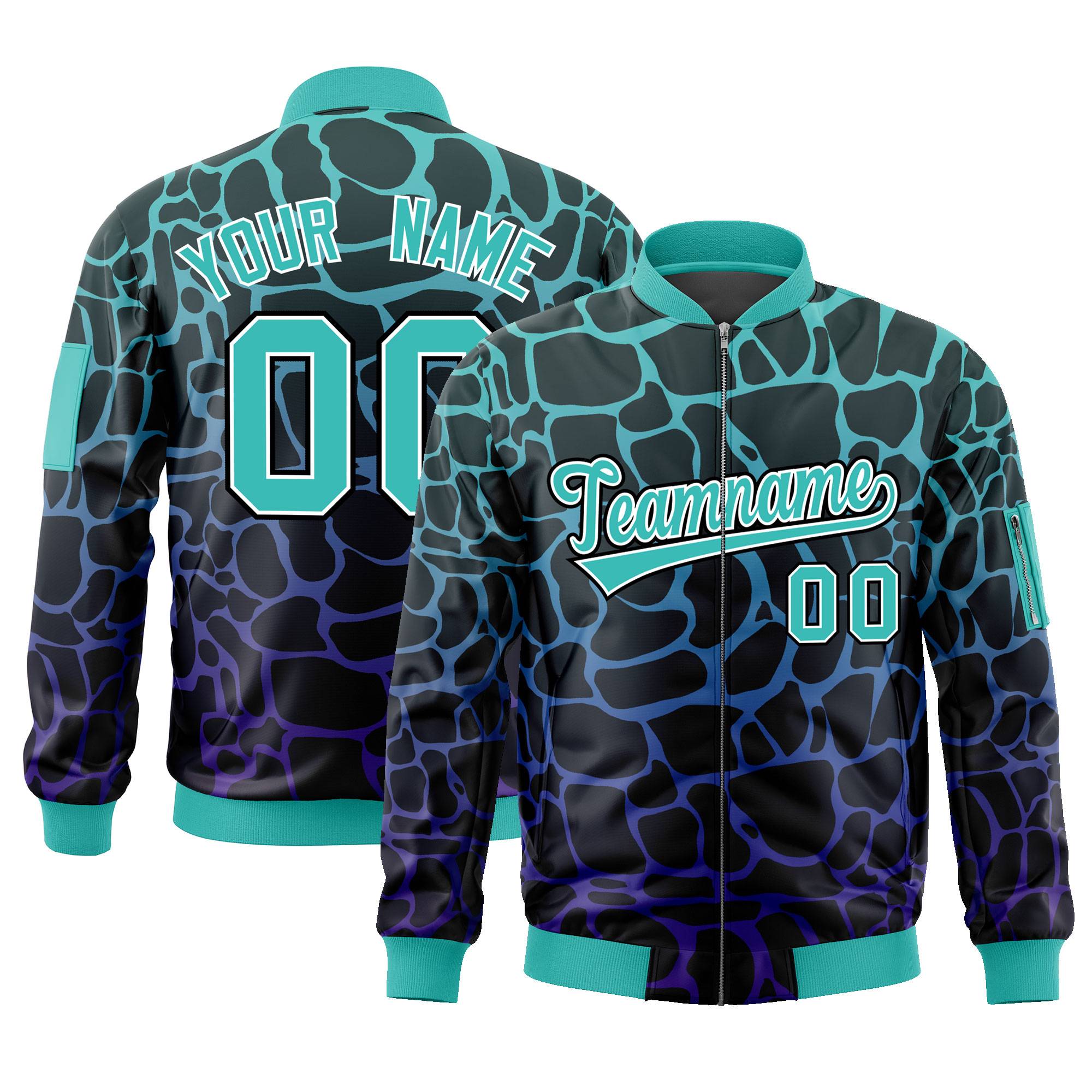 Custom Black Aqua-Royal Varsity Full-Zip Spotted Letterman Bomber Jacket