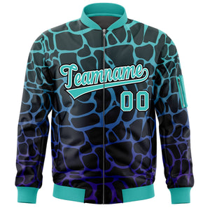 Custom Black Aqua-Royal Varsity Full-Zip Spotted Letterman Bomber Jacket