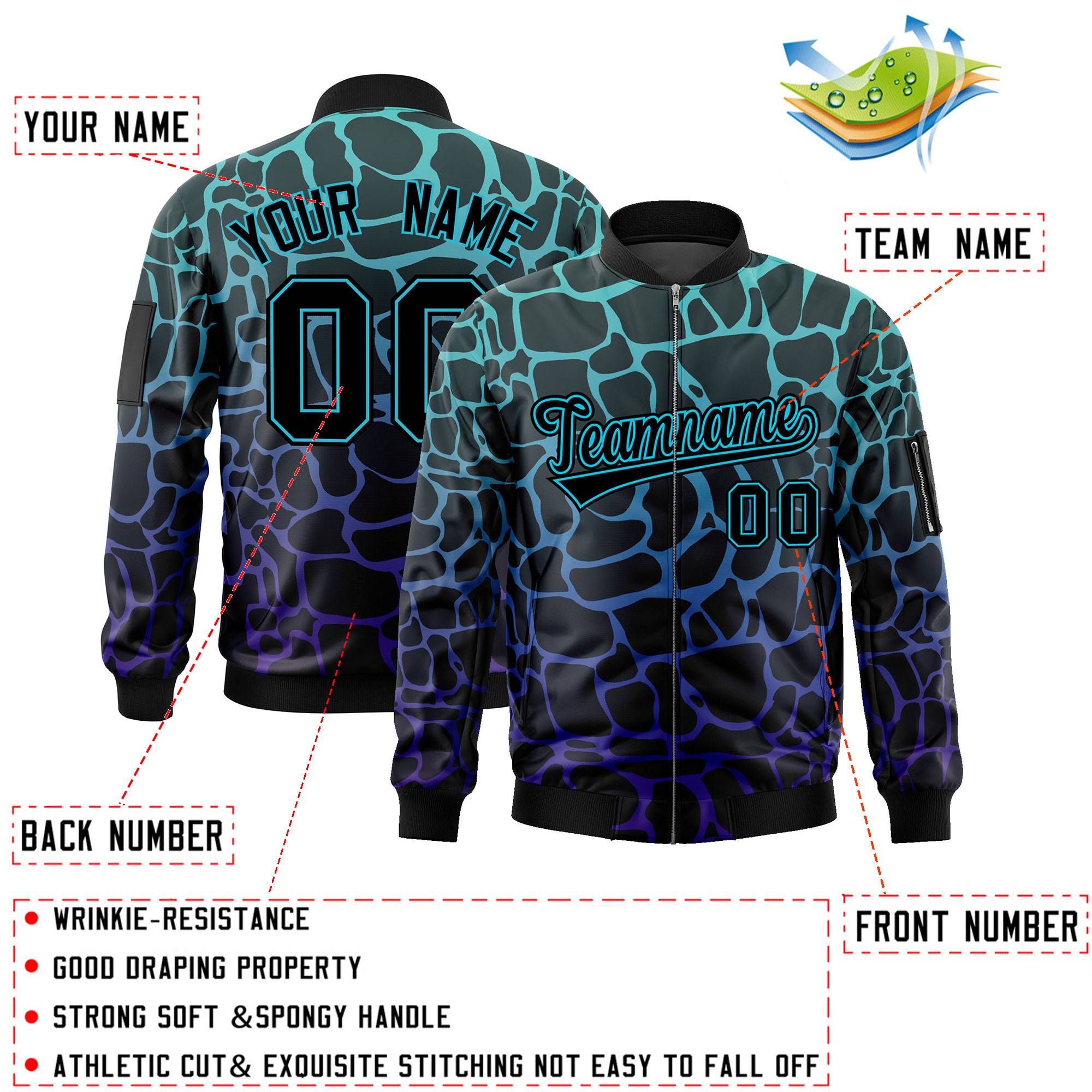 Custom Black Aqua-Royal Varsity Full-Zip Spotted Letterman Bomber Jacket