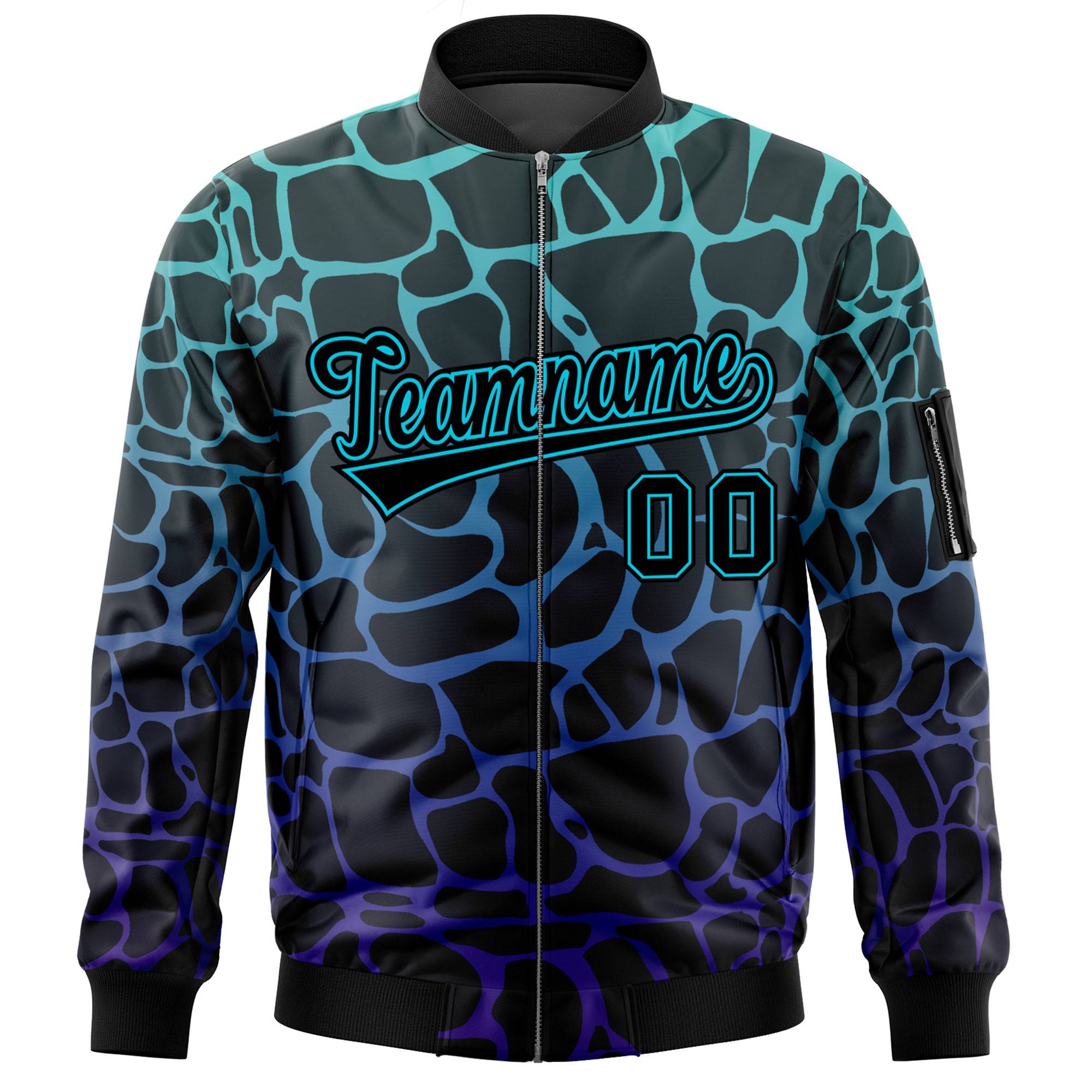 Custom Black Aqua-Royal Varsity Full-Zip Spotted Letterman Bomber Jacket