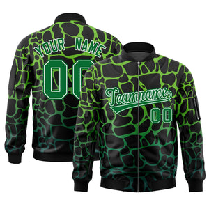 Custom Black Green Varsity Full-Zip Spotted Letterman Bomber Jacket