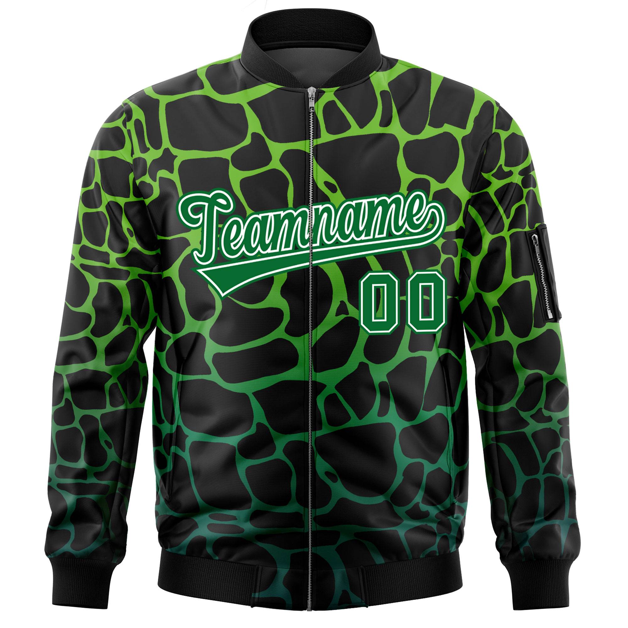 Custom Black Green Varsity Full-Zip Spotted Letterman Bomber Jacket