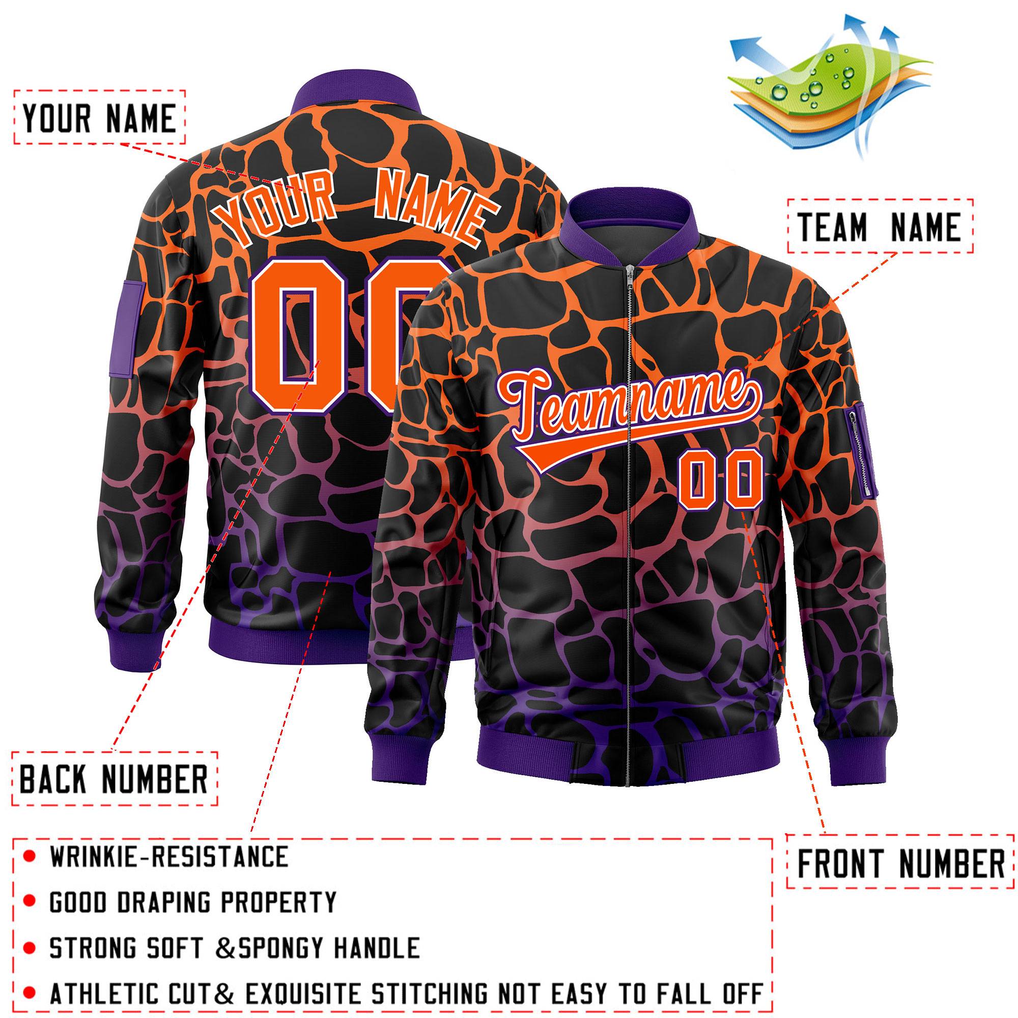 Custom Black Orange-Purple Varsity Full-Zip Spotted Letterman Bomber Jacket