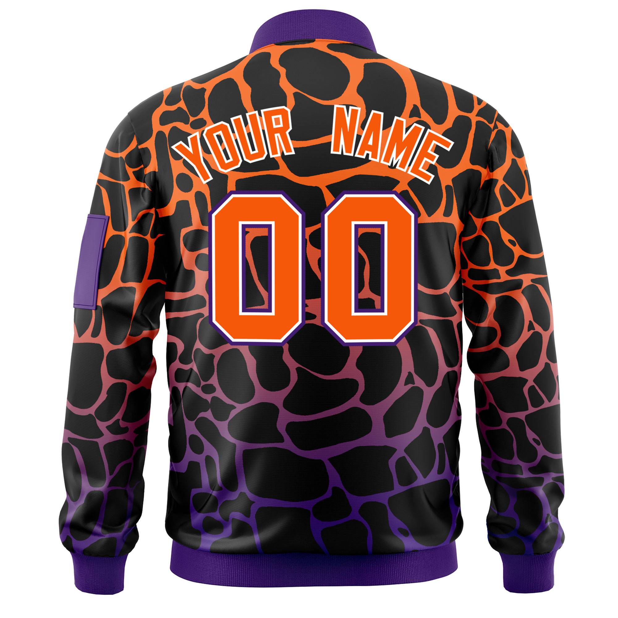 Custom Black Orange-Purple Varsity Full-Zip Spotted Letterman Bomber Jacket