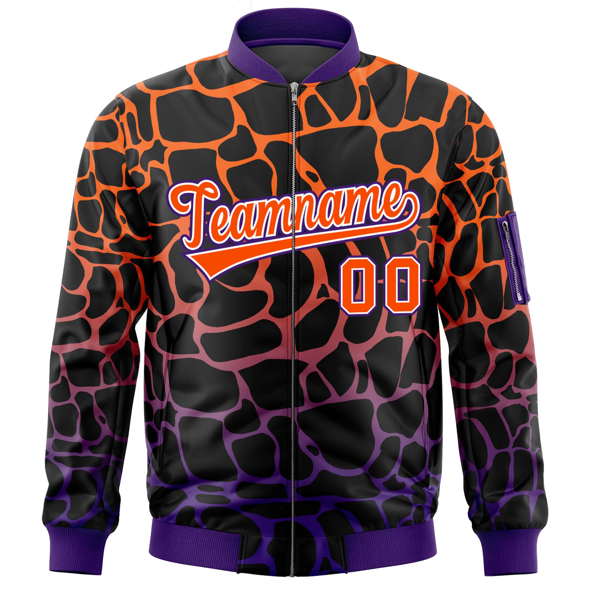 Custom Black Orange-Purple Varsity Full-Zip Spotted Letterman Bomber Jacket