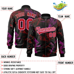 Custom Black Red-Pink Varsity Full-Zip Blur Spray Letterman Bomber Jacket