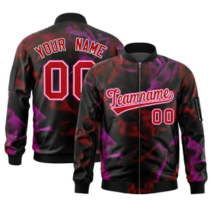 Custom Black Red-Pink Varsity Full-Zip Blur Spray Letterman Bomber Jacket