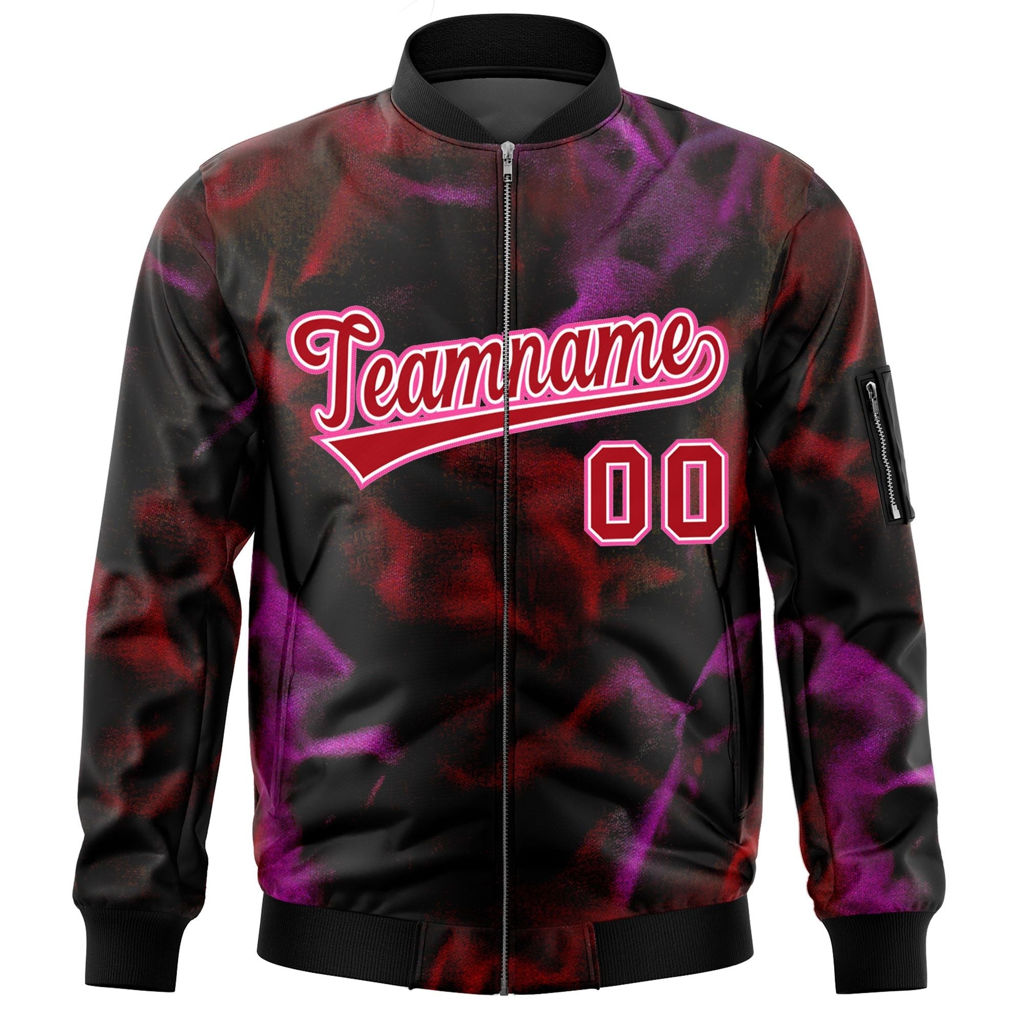 Custom Black Red-Pink Varsity Full-Zip Blur Spray Letterman Bomber Jacket