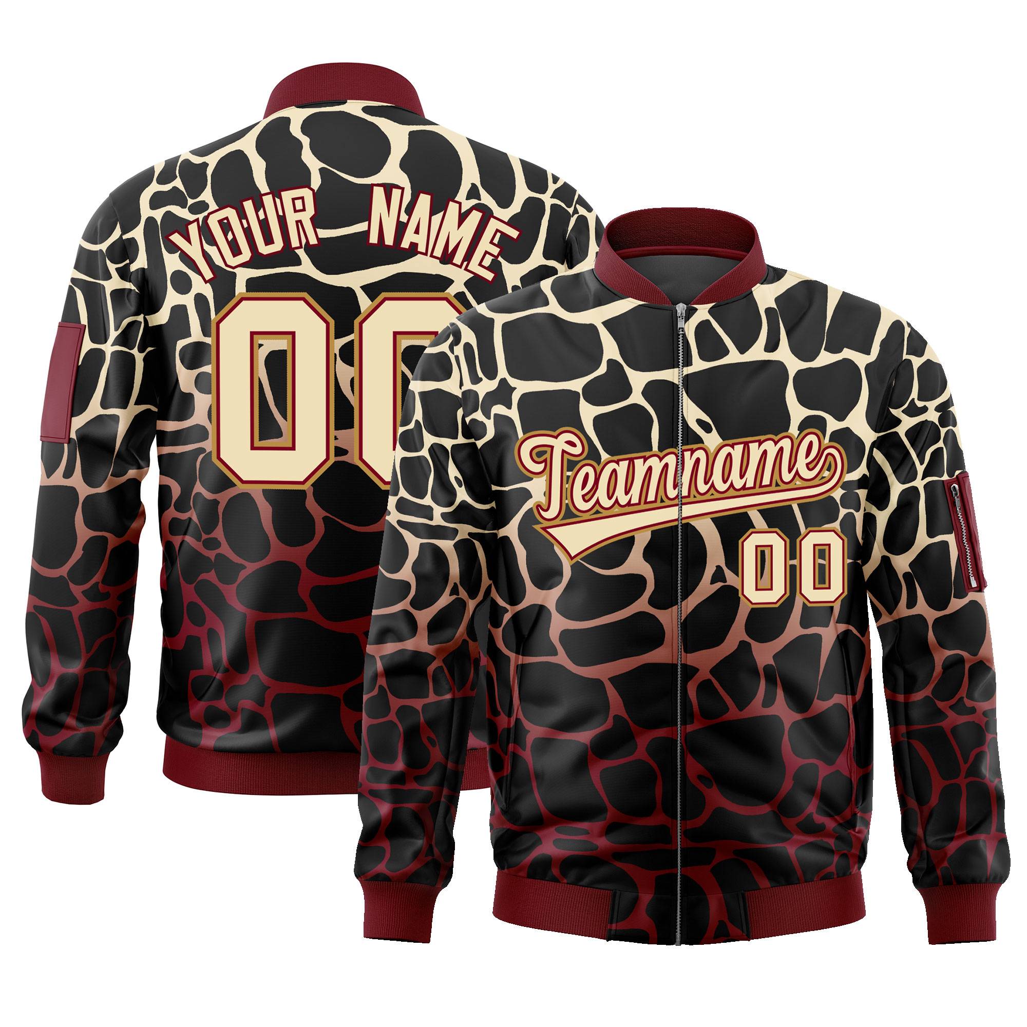 Custom Black Khaki-Crimson Varsity Full-Zip Spotted Letterman Bomber Jacket