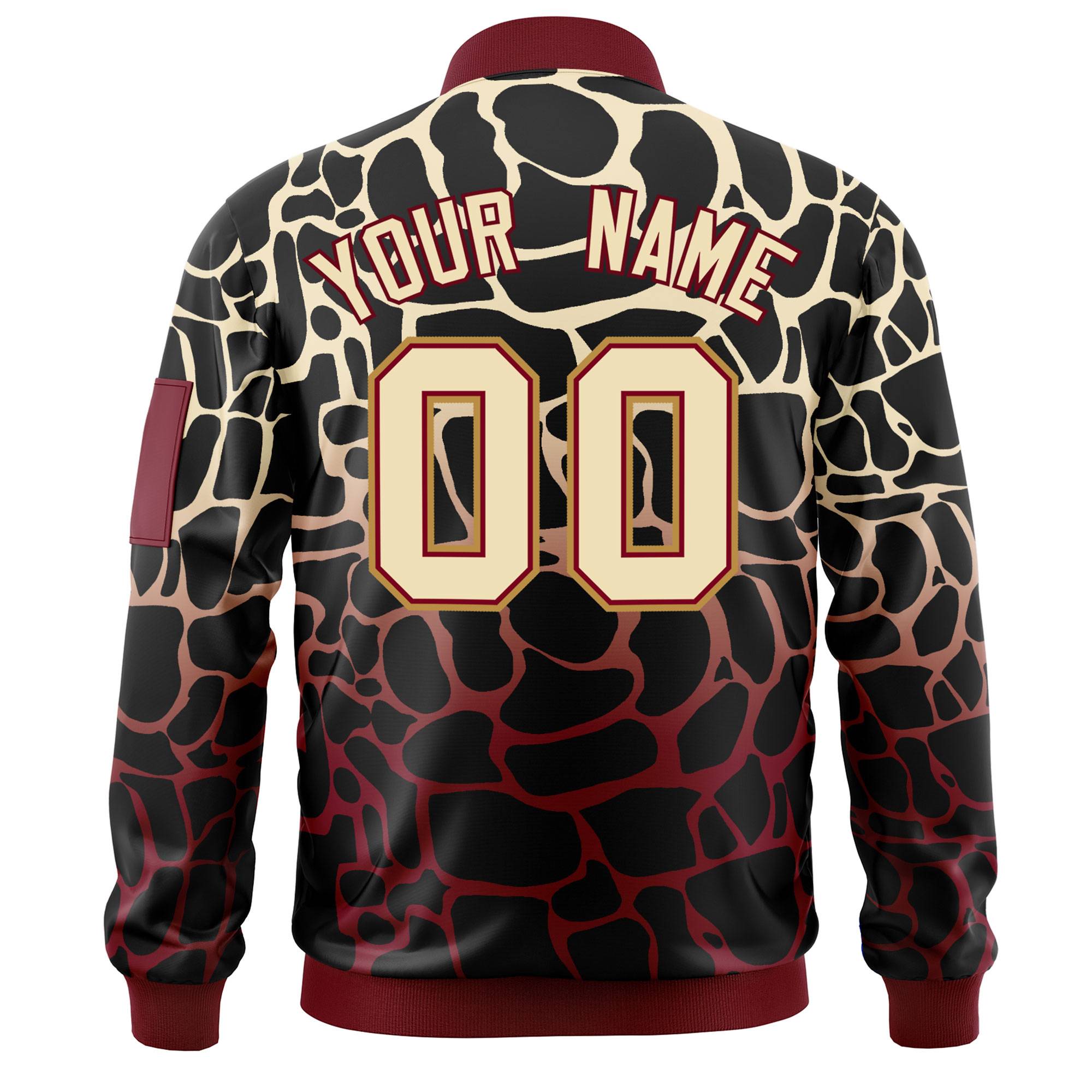 Custom Black Khaki-Crimson Varsity Full-Zip Spotted Letterman Bomber Jacket